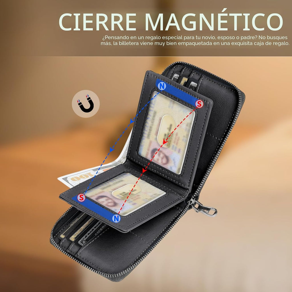 Billetera para hombre con bloqueo RFID y cierre, de grandes dimensiones, con 2 ventanas de identificación - Diseño de gran capacidad, 13 ranuras para tarjetas de crédito