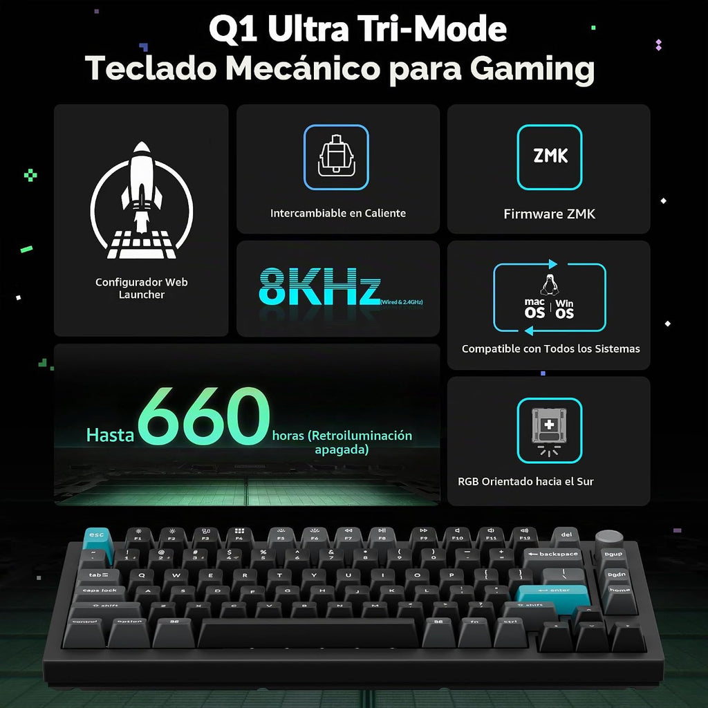 Keychron Teclado mecánico personalizado inalámbrico Q1 Ultra 8K 75%