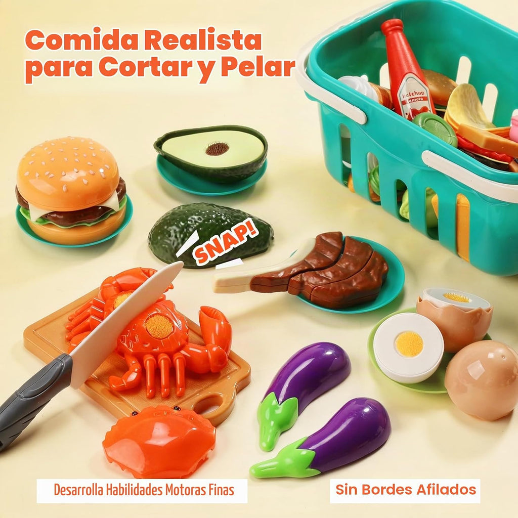 HOLYFUN 74PCS Accesorios de cocina para niños con comida de juego y cesta