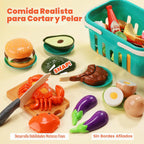 HOLYFUN 74PCS Accesorios de cocina para niños con comida de juego y cesta