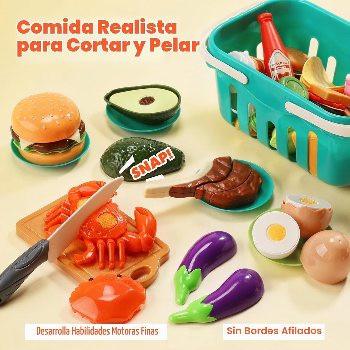 HOLYFUN 74PCS Accesorios de cocina para niños con comida de juego y cesta