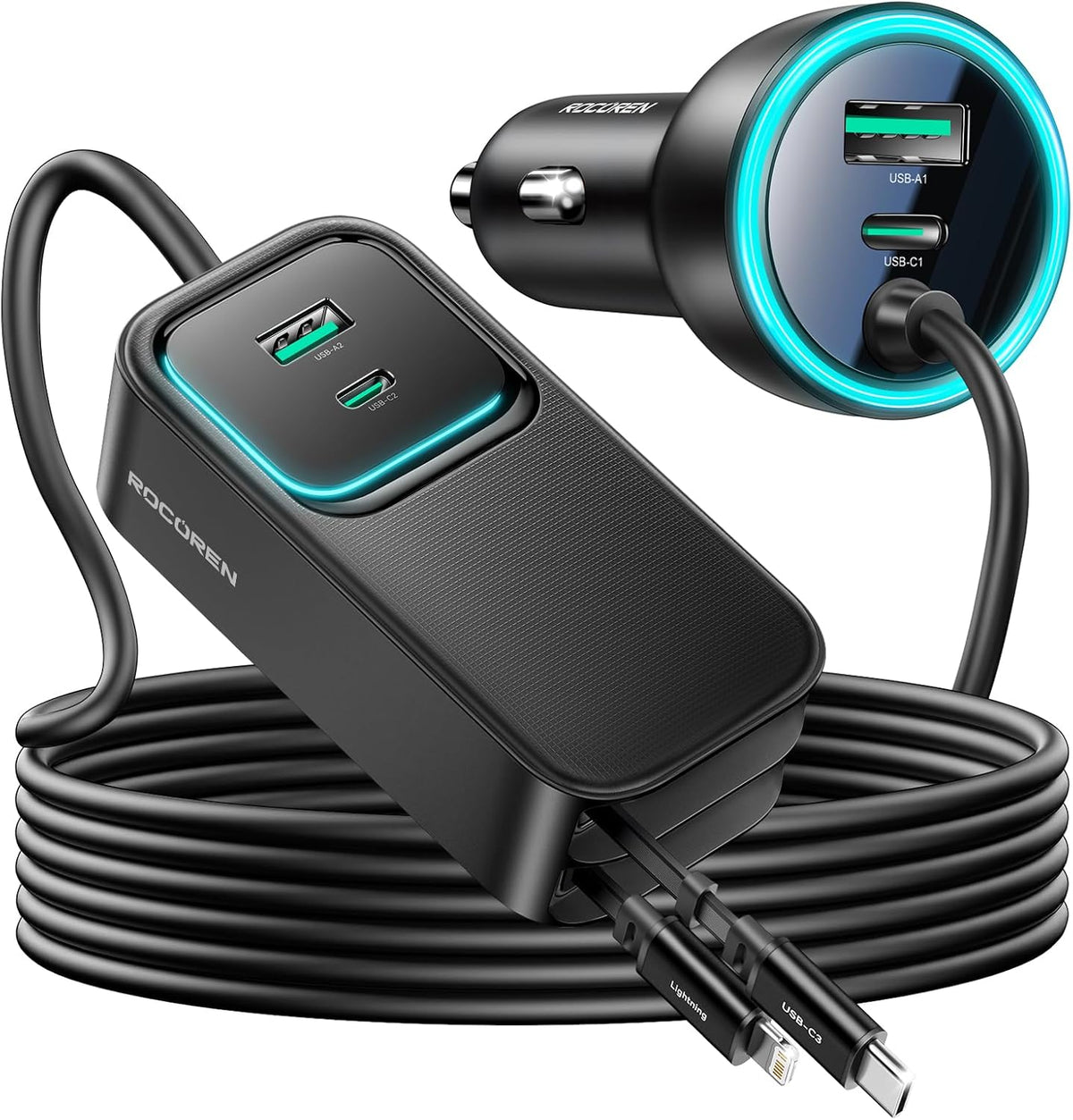 Rocoren Puertos multi del cargador USB del coche 135W, cargador retráctil