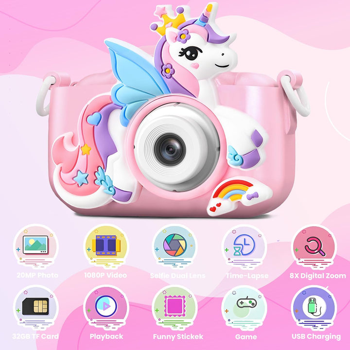 Unicornio - Cámara de juguete para niñas de 3 a 8 años, HD 1080P, c...
