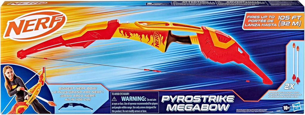 Nerf Pyrostrike Megabow, arco de 42 pulgadas dispara flechas de hasta 105 pies, 2 con puntas suaves, juguetes para niños al aire libre, a partir de 10 años (exclusivo de Amazon)