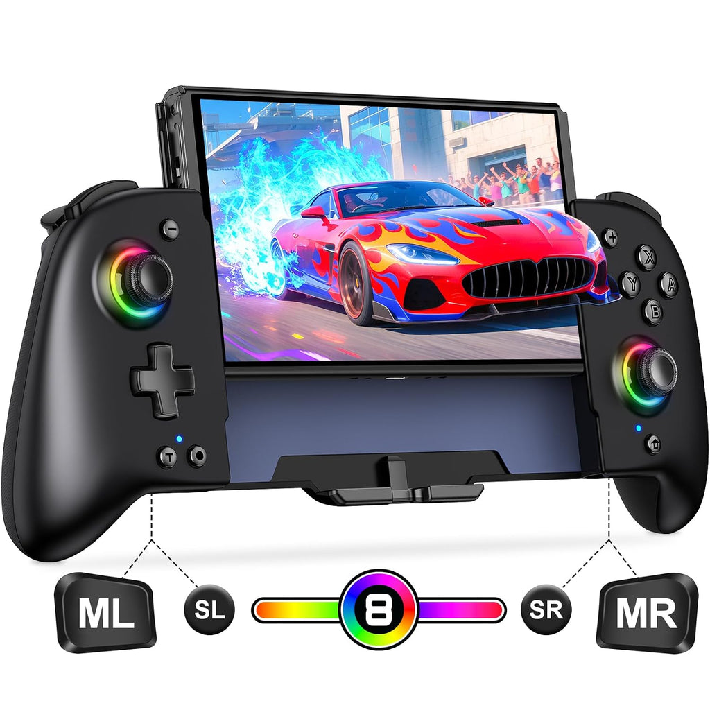 Gammeefy Control de Switch – Joysticks de Efecto Hall y agarre mejorado – Reemplazo de mando único para Switch Joypad con 8 iluminación RGB en color, Turbo, Macros - Negro, 6.2"/7"