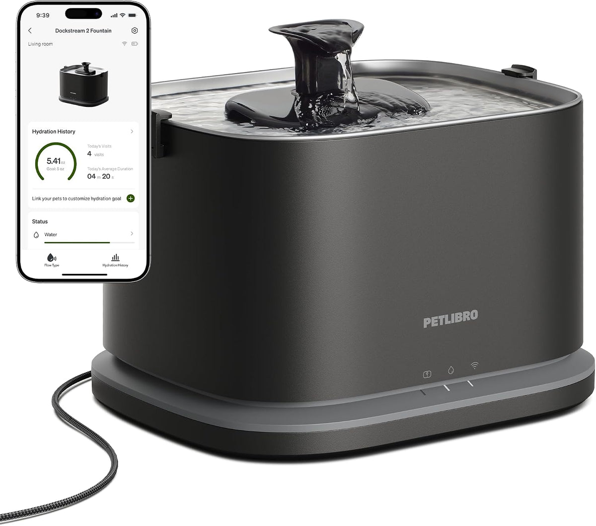 PETLIBRO Fuente de Agua para Gatos Mejorada con Bandeja de Acero Inoxidable, Fuente de Agua para Gatos Dockstream 2 de Interior, 3L/101oz Automáticas, Fuente de Agua para Gatos con Monitoreo por App