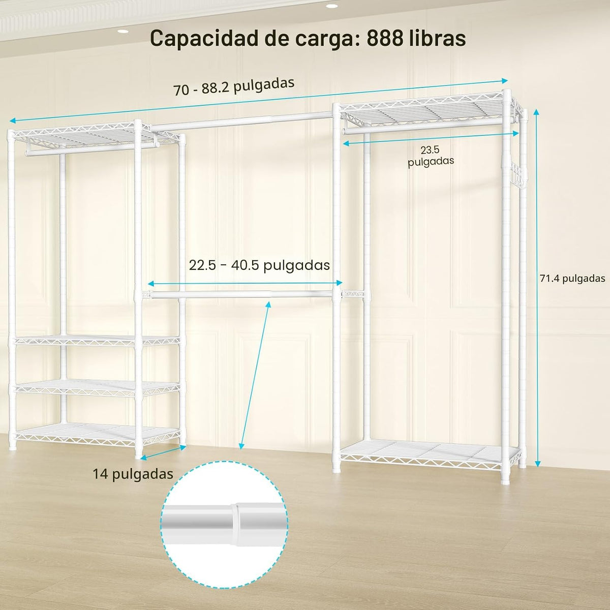 E1 - Perchero de ropa resistente para clóset, 6 niveles ajustables de metal independiente y expandible con 4 varillas para colgar, armario fácil de ensamblar, 71.4" de alto x (70" - 88.2") de