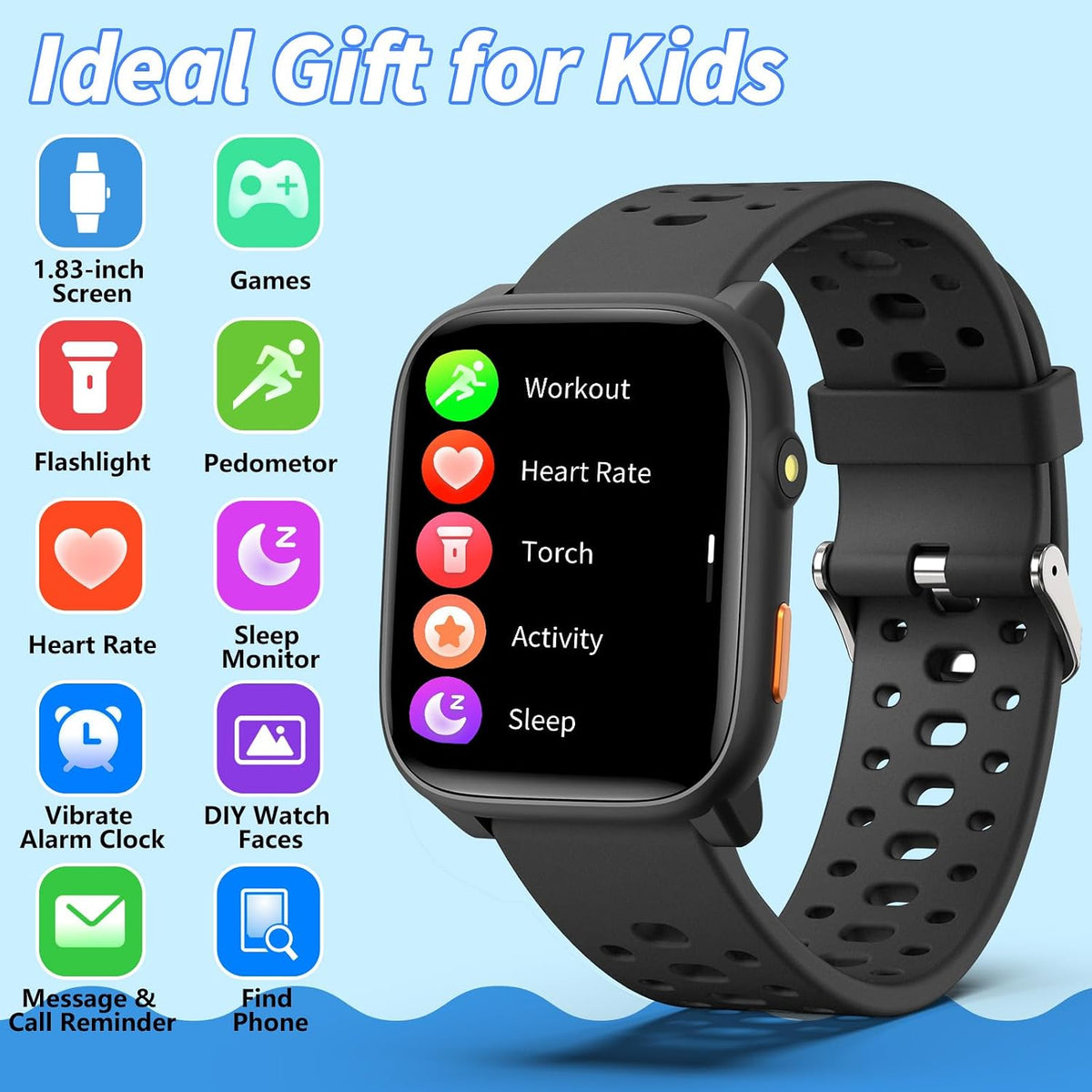 Reloj inteligente, reloj de 1.83 pulgadas para niños, frecuencia cardíaca, monitor de sueño, podómetro, reloj despertador, linterna