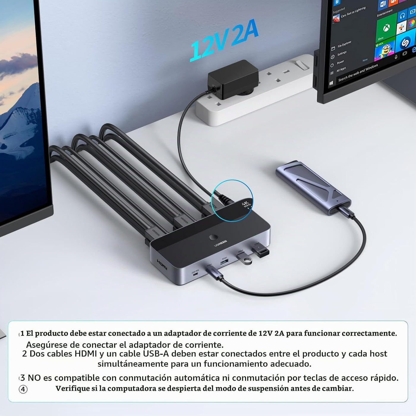 UGREEN Conmutador KVM HDMI 2 Monitores 2 Computadoras 4K@60Hz, con...