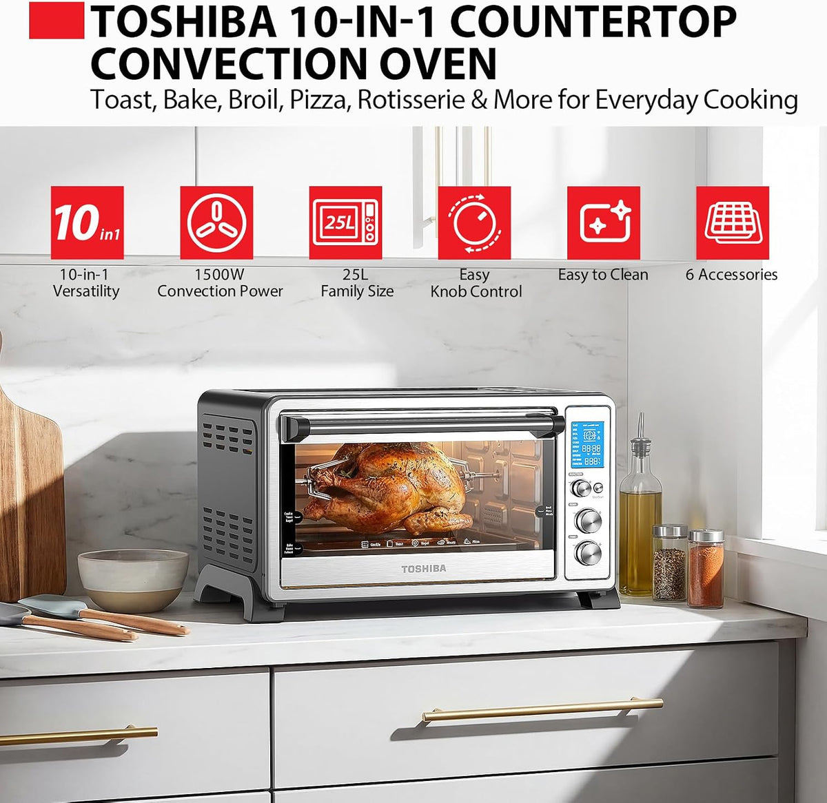 TOSHIBA Horno tostador de convección 10 en 1, horno de encimera de 6