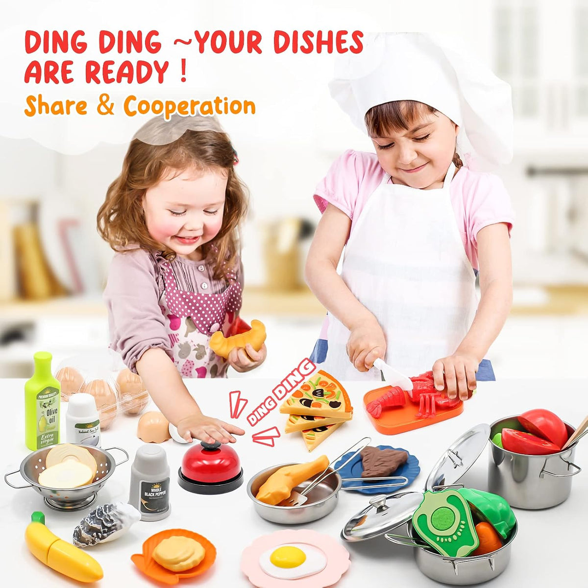 Hohosunlar - Juego de accesorios de cocina de simulación para niños, 38 piezas de juegos de ollas y sartenes de acero inoxidable para niños, utensilios de cocina de juguete, alimentos de simulación