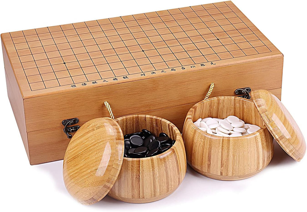 19x19 / Juego de Go de Alta Calidad en Caja de Regalo con Tablero de Piedras de Melamina Convexas Únicas y Juego de Cuencos de Bambú