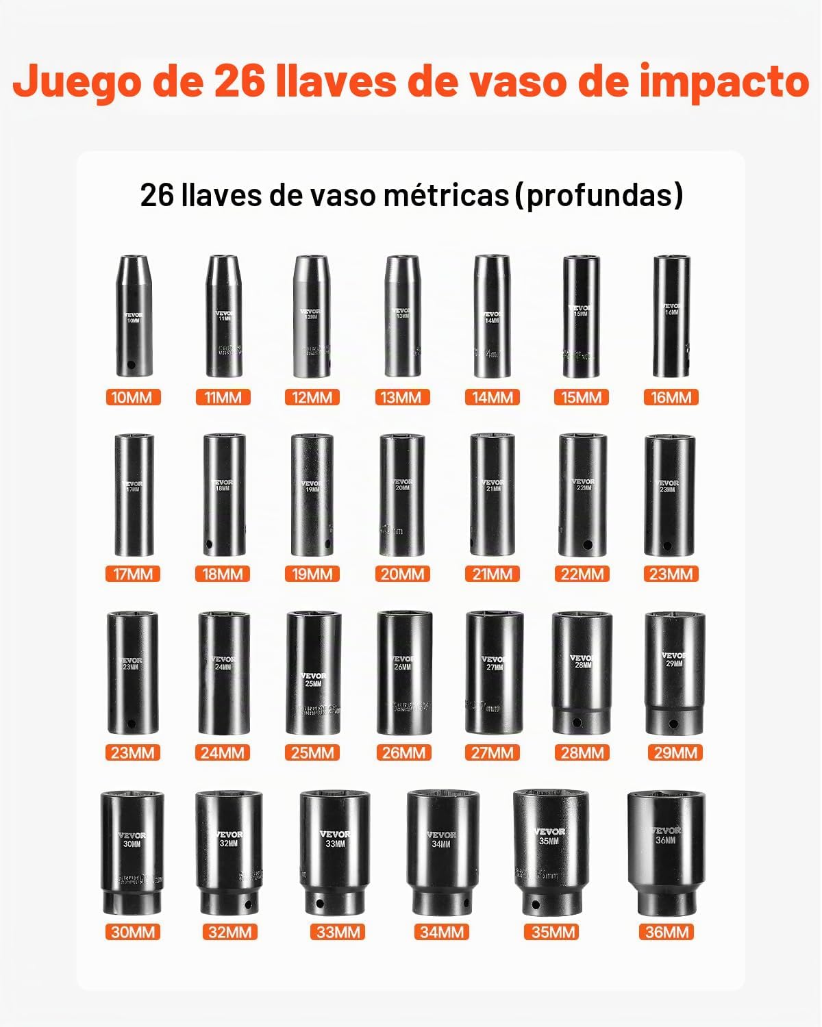 VEVOR Juego de llaves de impacto de 1/2", 26 piezas, métricas de 10 a 1.417