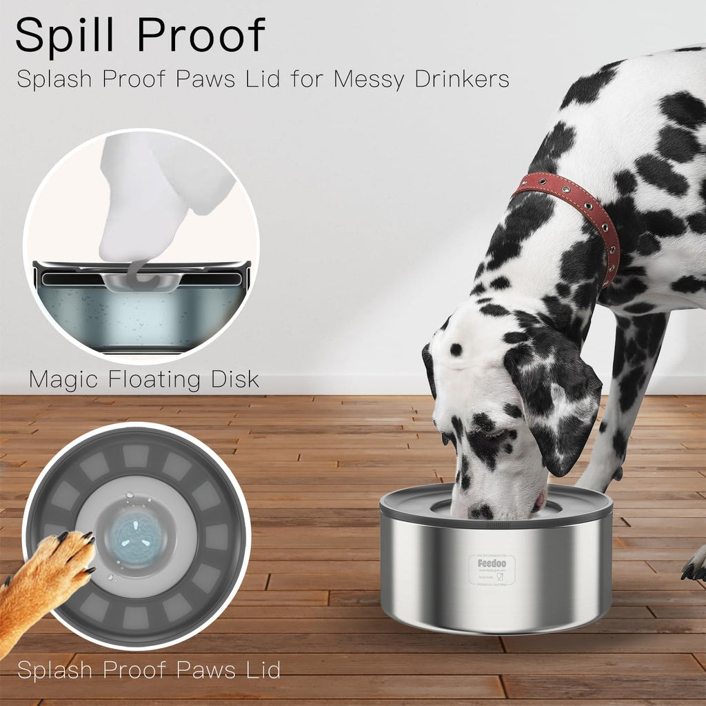 Feedoo Tazón de Agua de 1 Galón sin Derrame para Perros, de Acero Inoxidable de Doble Pared con Tapa Antisalpicaduras y Disco Flotante, Base Antideslizante, Comedero de Agua Lento Fácil de Limpiar