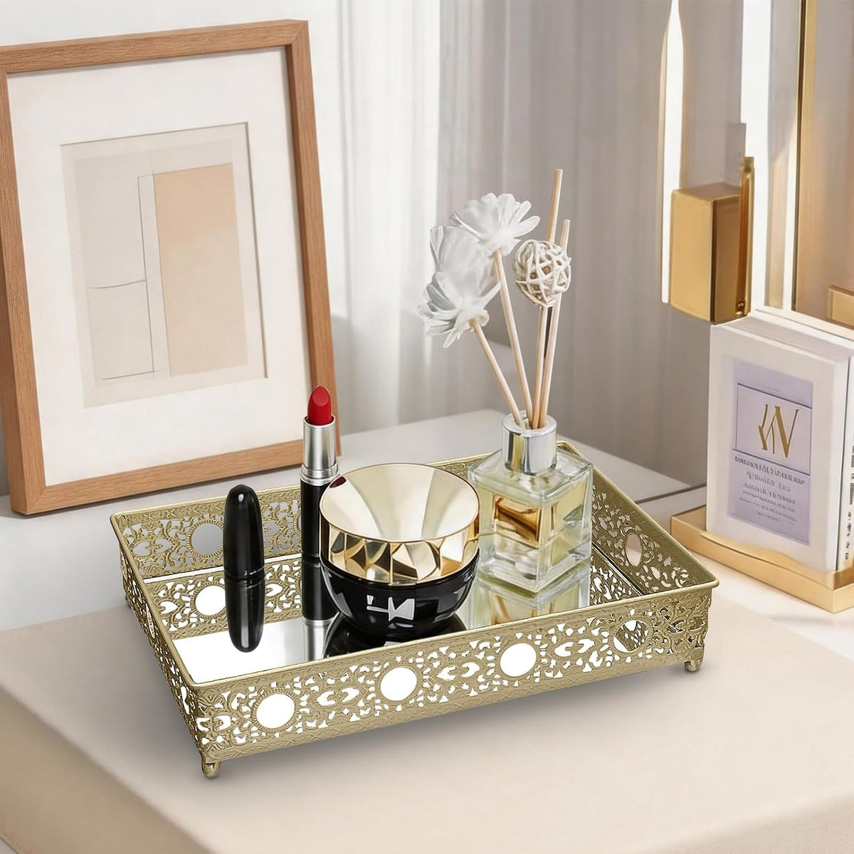 Bandeja de espejo dorado de 3 piezas, bandeja organizadora de perfume de metal decorativo