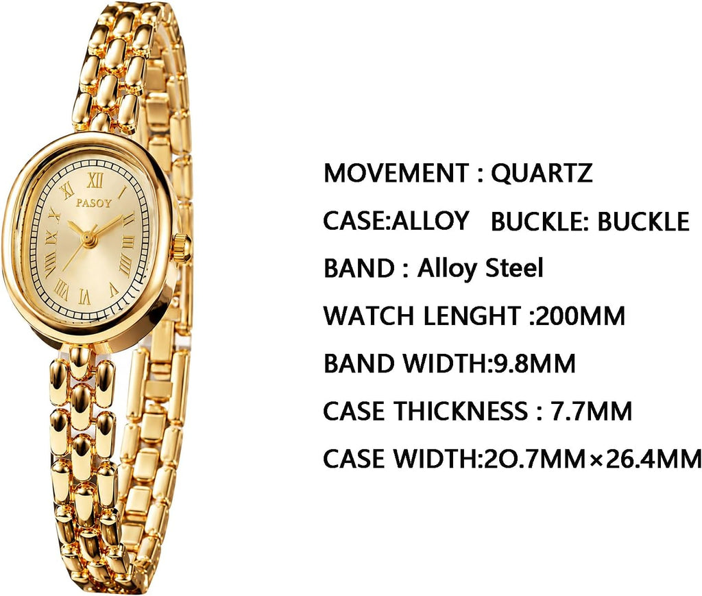 Reloj de pulsera para mujer con pantalla pequeña, cuarzo analógico ovalado de cara pequeña (Dorado)