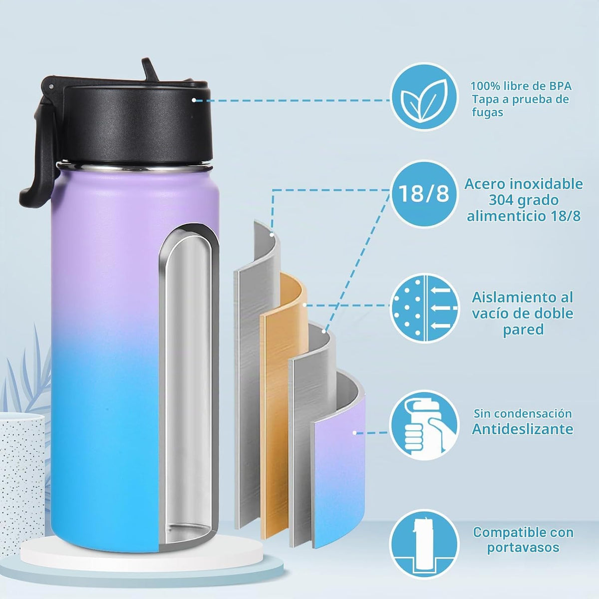 Paquete de 4 botellas de agua para niños de 16 OZ a granel, botellas deportivas aisladas con tapa de pajita, botella de acero inoxidable con asa para mantener el frío, vasos de doble pared