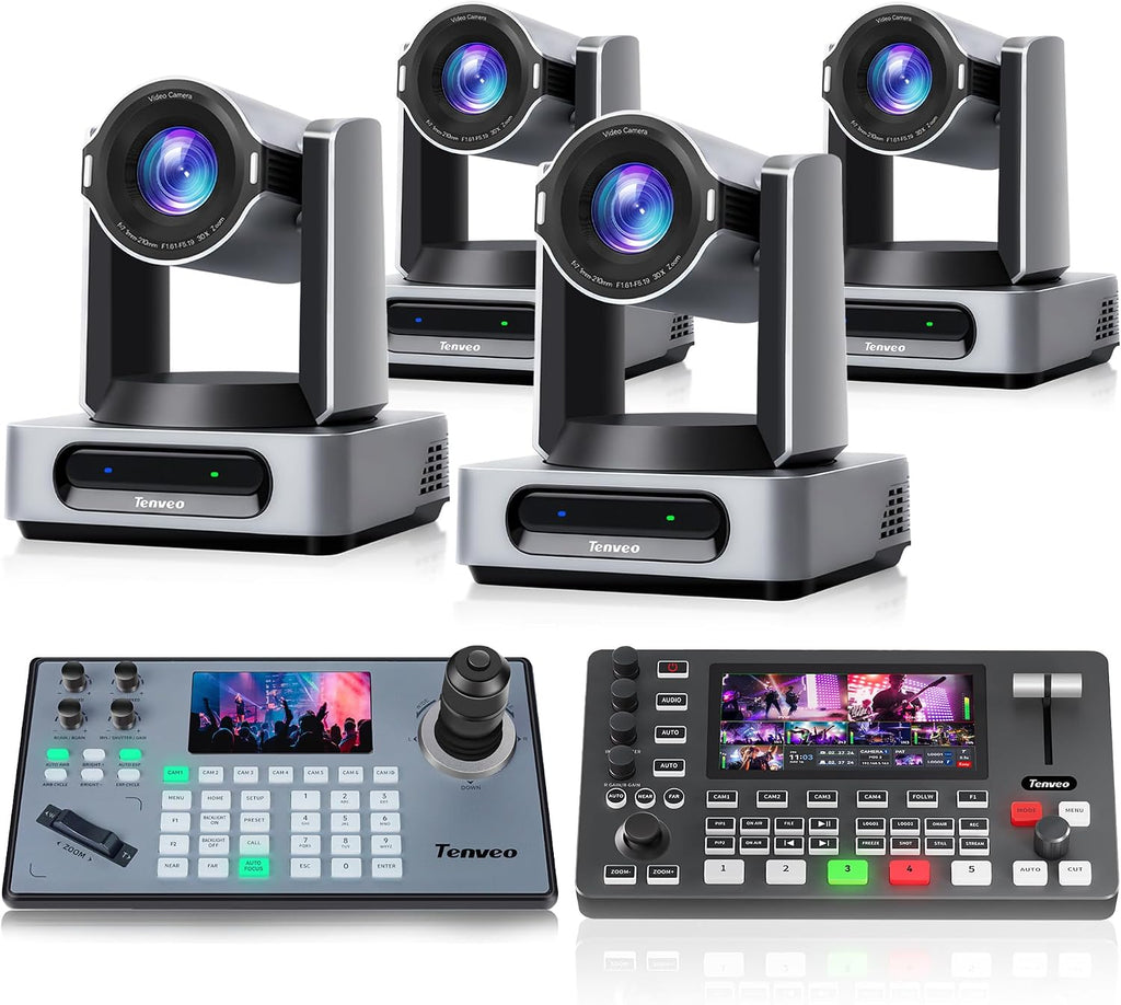 Tenveo Paquete de cámara PTZ/Kits, 4K 60FPS 30X AI Tracking NDI SDI/HDMI/USB3.0/LAN (PoE) Cámara PTZ (*4), controlador de joystick NDI y HDMI 4K + conmutador de video SDI para eventos en vivo de