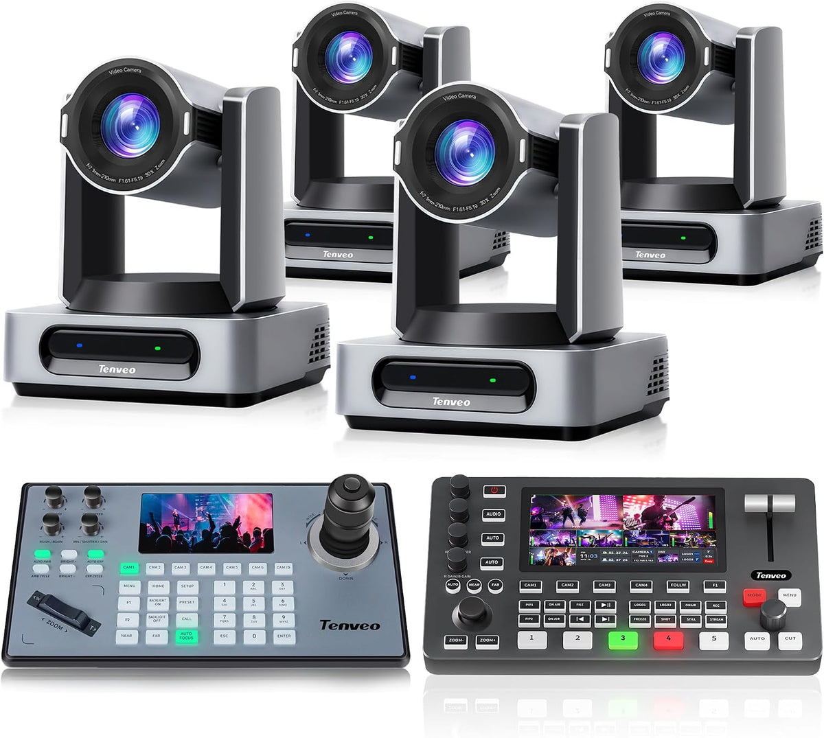 Tenveo Paquete de cámara PTZ/Kits, 4K 60FPS 30X AI Tracking NDI SDI/HDMI/USB3.0/LAN (PoE) Cámara PTZ (*4), controlador de joystick NDI y HDMI 4K + conmutador de video SDI para eventos en vivo de