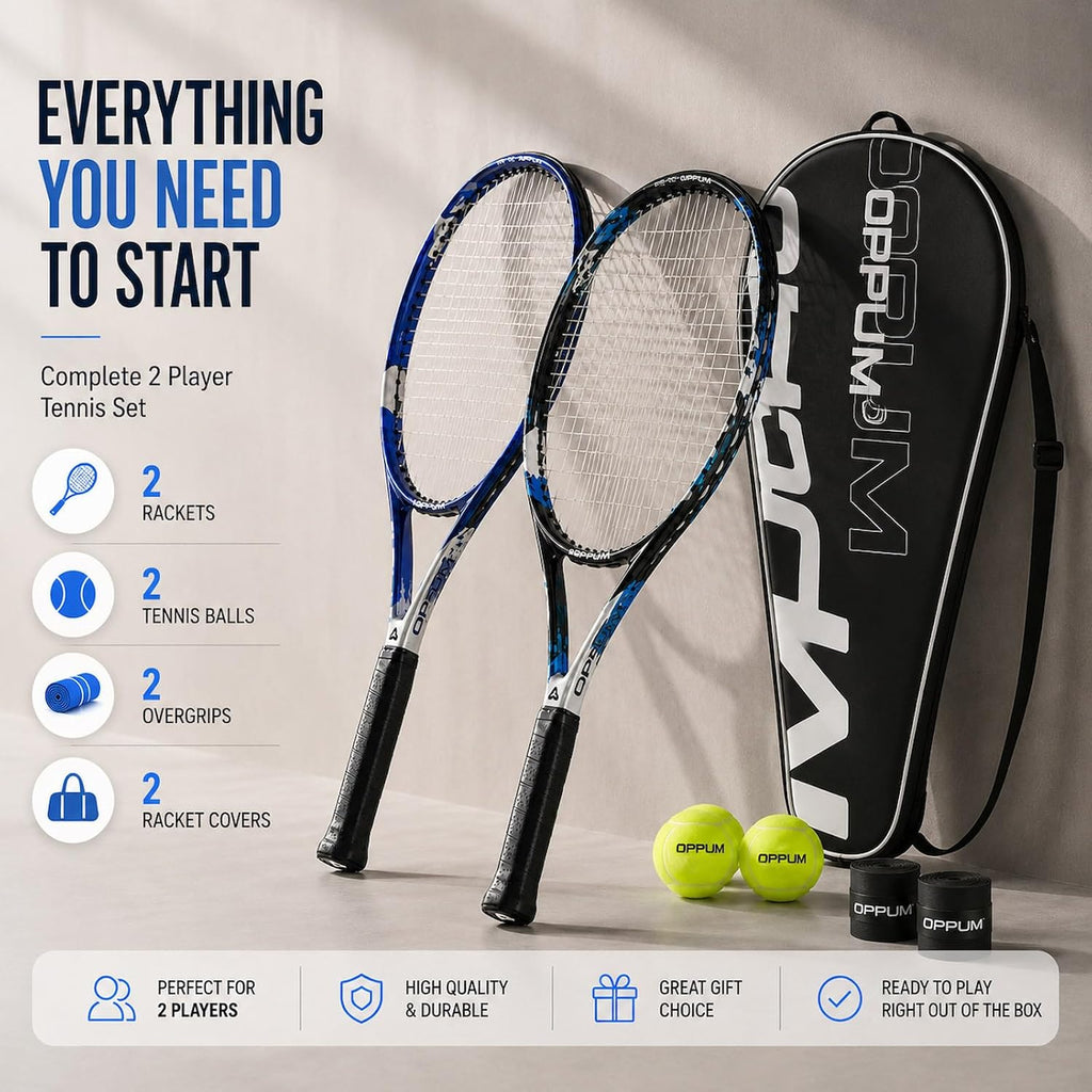 Raquetas de tenis OPPUM PRO-500 para adultos, paquete de 2 raquetas preencordadas para principiantes e intermedios con bolsa de transporte y 2 pelotas, cabeza sobredimensionada de 105 pulgadas