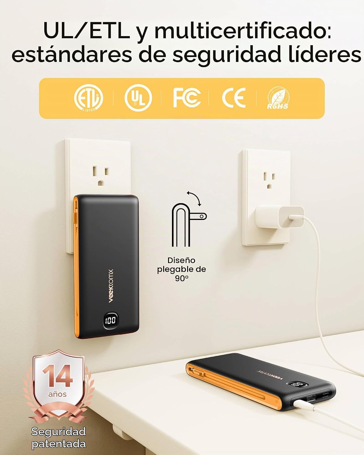 Cargador Portátil Power Bank con Cables Integrados y Enchufe de Par...