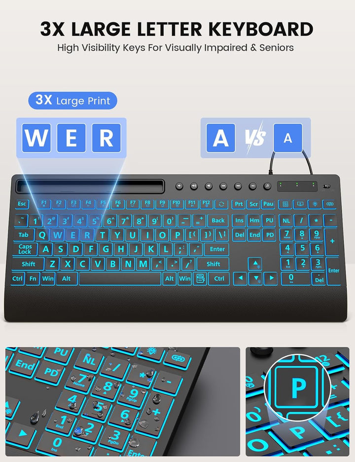 SABLUTE Teclado retroiluminado de impresión grande teclado