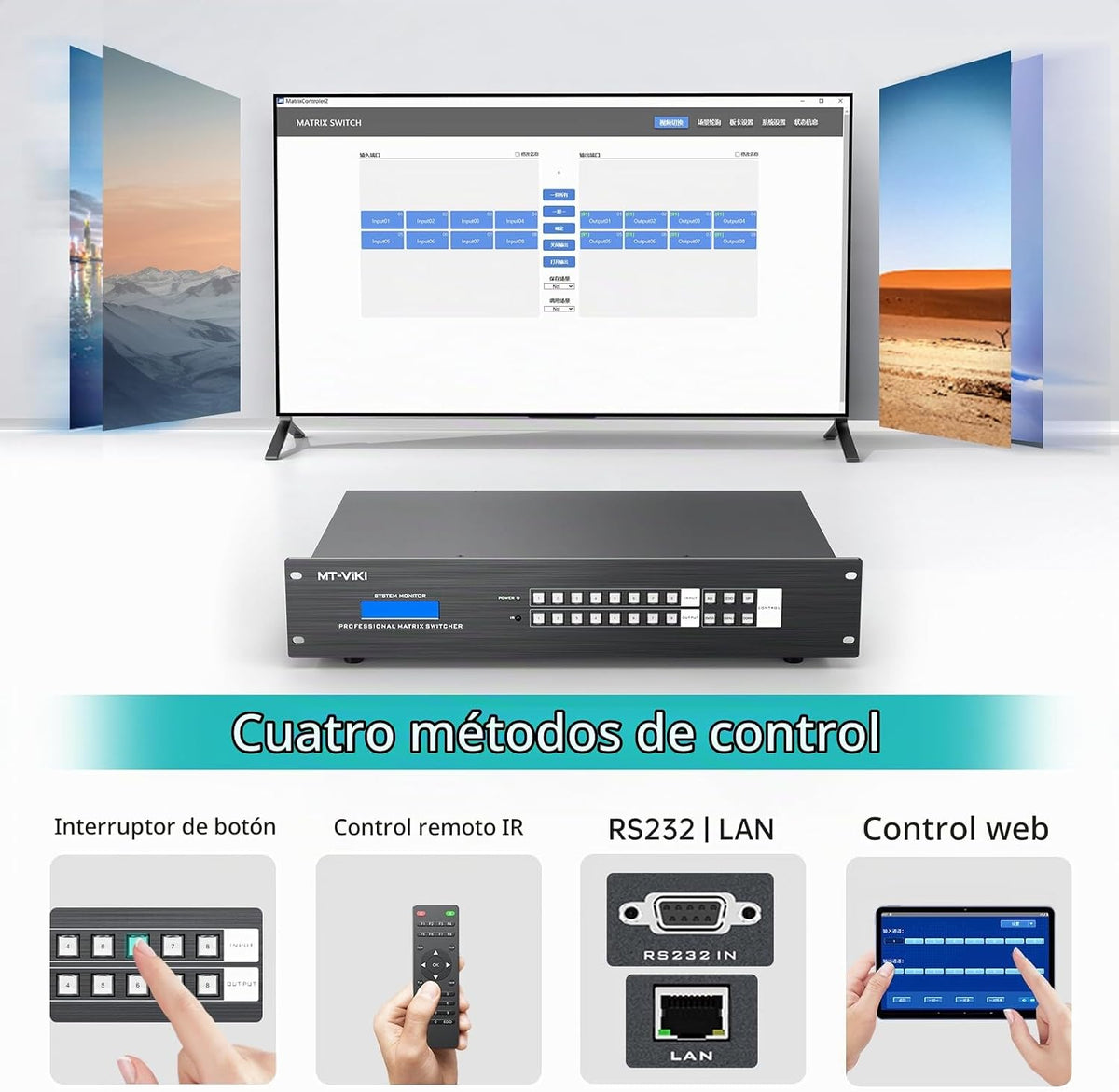 MT-VIKI Extensor de matriz HDMI 8x8 4K60Hz, 8 en 16 salidas con transmisión CAT6/7/8 de hasta 230 pies, alimentación POC, GUI web, control RS232, EDID para iglesia, conferencia y sistema AV Pro (con 8 receptores POC)