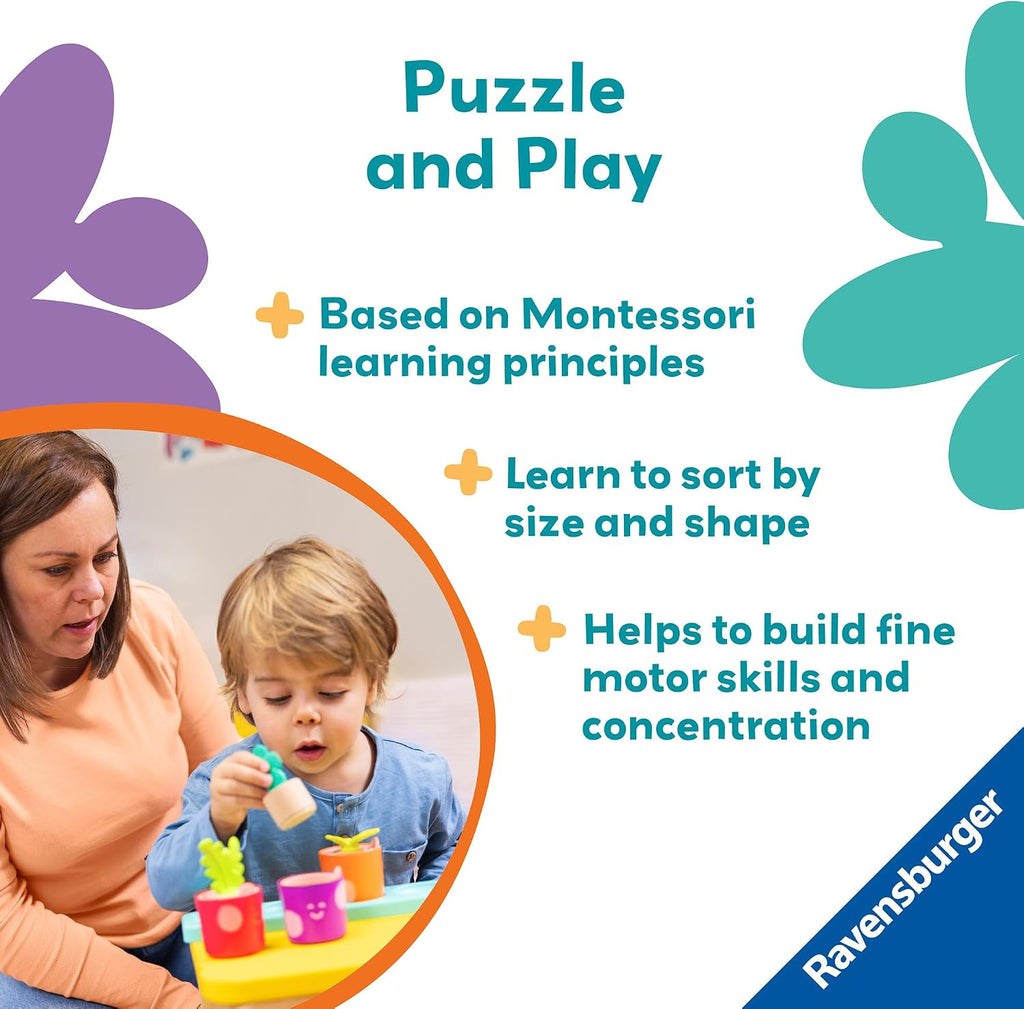 Ravensburger Juego de rompecabezas y juego de Play+ - My Little Plants - Juego de clavijas Montessori de clasificación y apilamiento de madera para niños pequeños