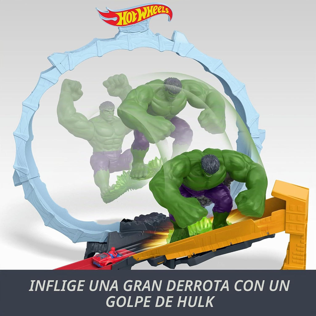 Hot Wheels Juego de pistas de autos de juguete, Spider-Man y Hulk Smash Down con 1 vehículo de superestrella fundido a presión, carrera a través de un bucle para derrotar a los villanos