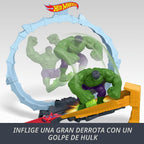 Hot Wheels Juego de pistas de autos de juguete, Spider-Man y Hulk Smash Down con 1 vehículo de superestrella fundido a presión, carrera a través de un bucle para derrotar a los villanos