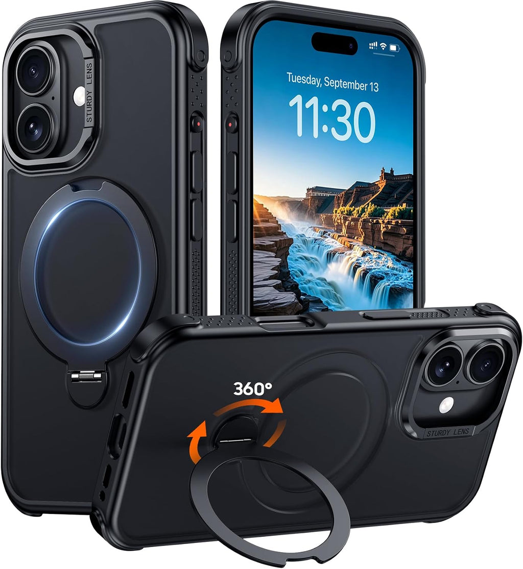 Funda compatible con iPhone 16 con soporte magnético giratorio de 360°, funda translúcida mate de grado militar de 6.1 pulgadas, color negro