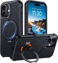 Funda compatible con iPhone 16 con soporte magnético giratorio de 360°, funda translúcida mate de grado militar de 6.1 pulgadas, color negro