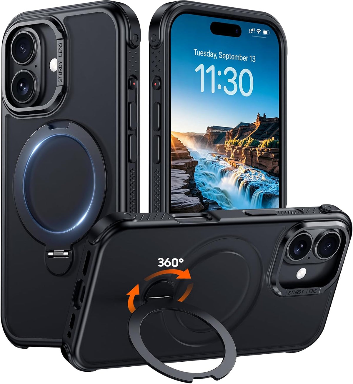 Funda compatible con iPhone 16 con soporte magnético giratorio de 360°, funda translúcida mate de grado militar de 6.1 pulgadas, color negro