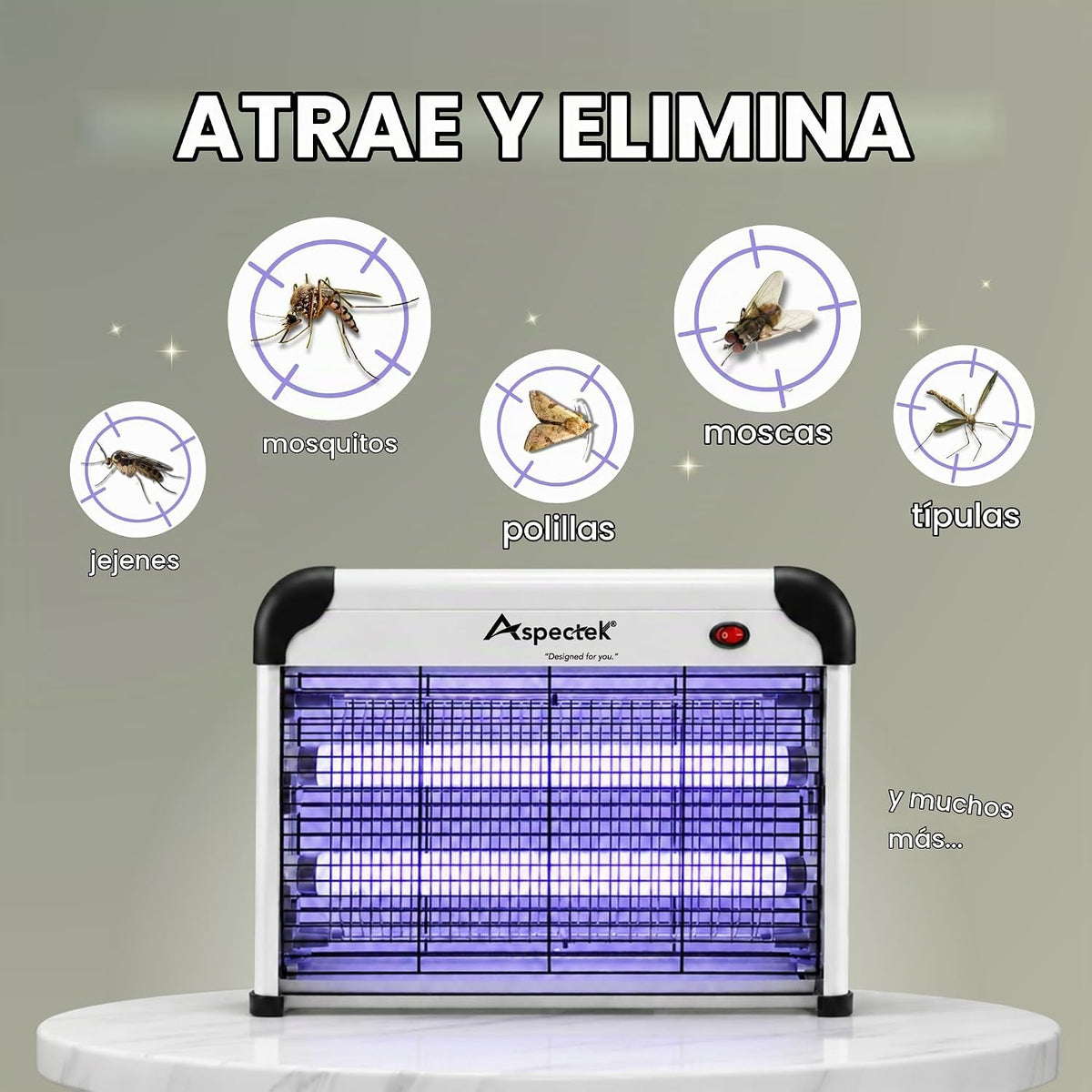 Lámpara ASPECTEK Exterminador eléctrico de insectos, bombillas UV de 20 W, control de mosca, mosquitos, mosquitos y polillas, uso en interiores y exteriores cubiertos para el hogar, garaje, patio y granja