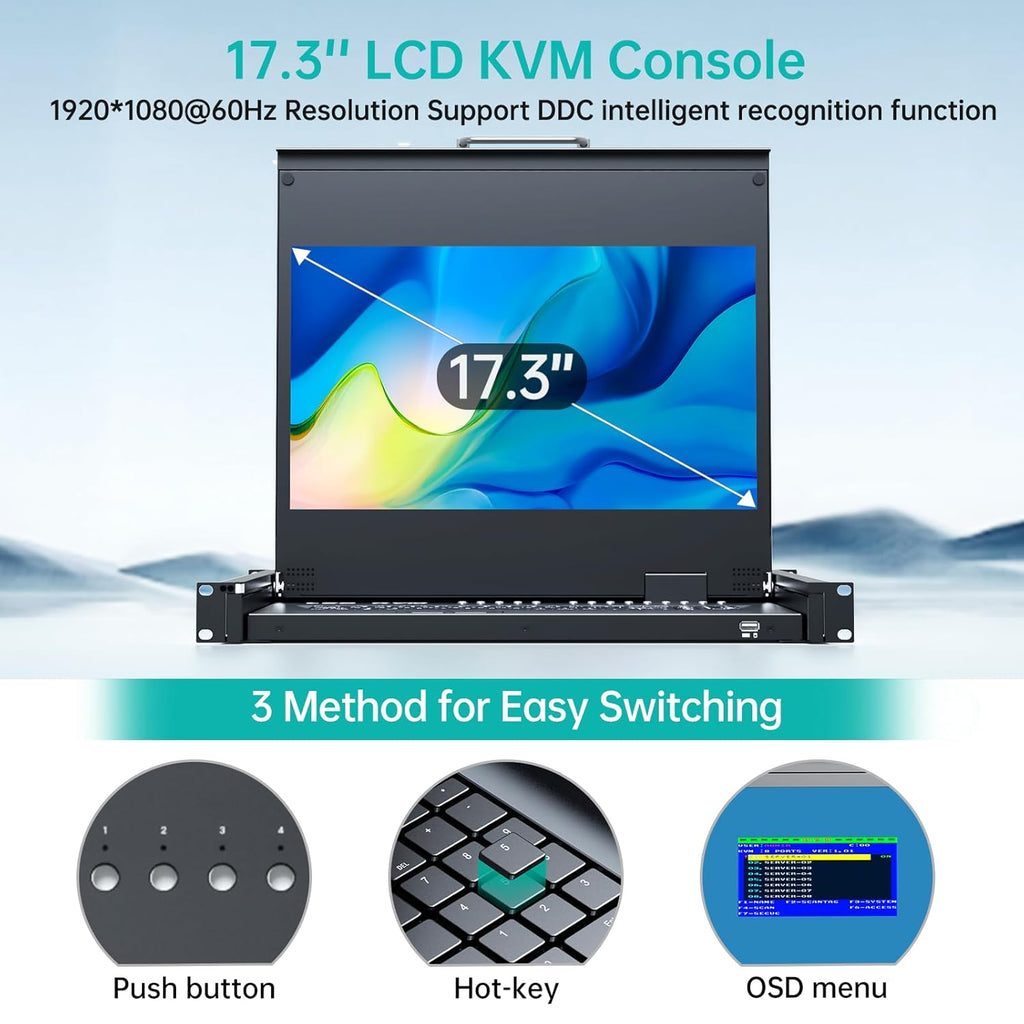 MT-VIKI® KVM - Soporte HDMI para rack con monitor LCD de 17.3 pulgadas, soporte OSD/Hotkey, incluye 8 cables KVM + teclado + panel táctil, compatible con rack de 1U de 19 pulgadas