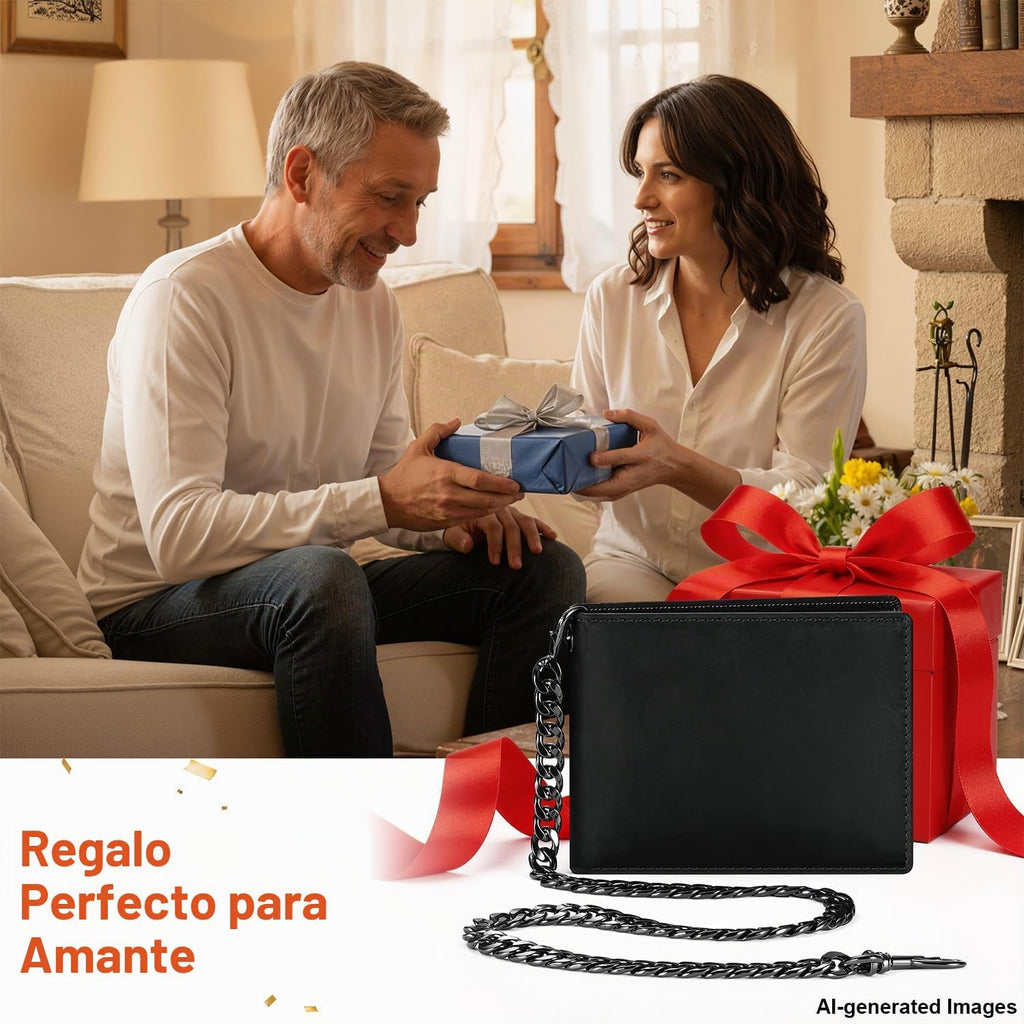 Billetera de Cuero Genuine con Cadena para Hombres: Billetera RFID con Cadena Antirrobo