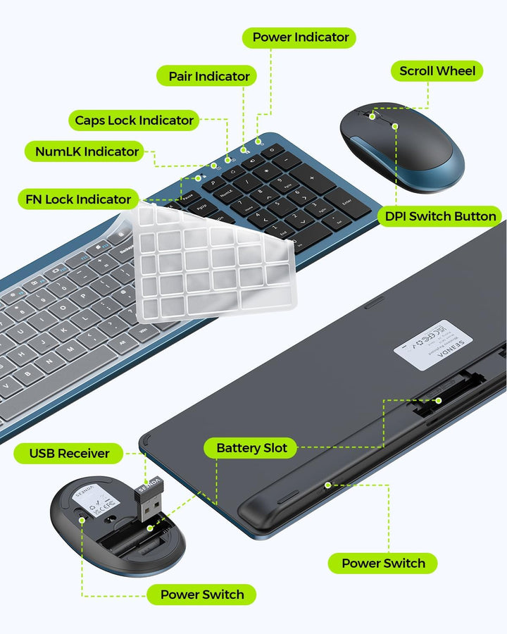 Combo de teclado y mouse inalámbricos, tamaño completo, delgado, in...