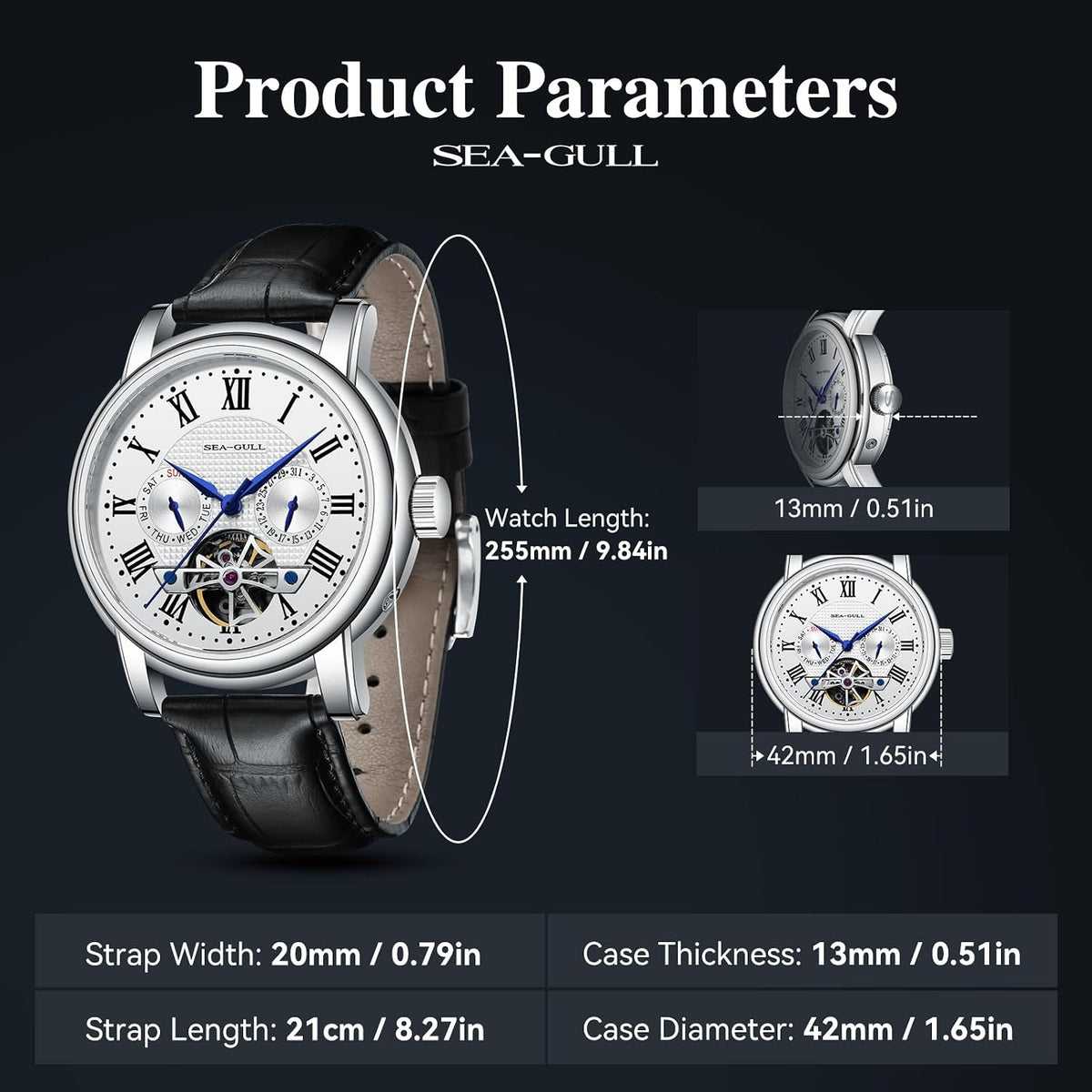SEA-GULL 2021 Reloj de Hombre Seagull Automático Mecánico Hueco Calendario Potencial Multifunción Volante Negocios, Blanco - D819.626, Correa