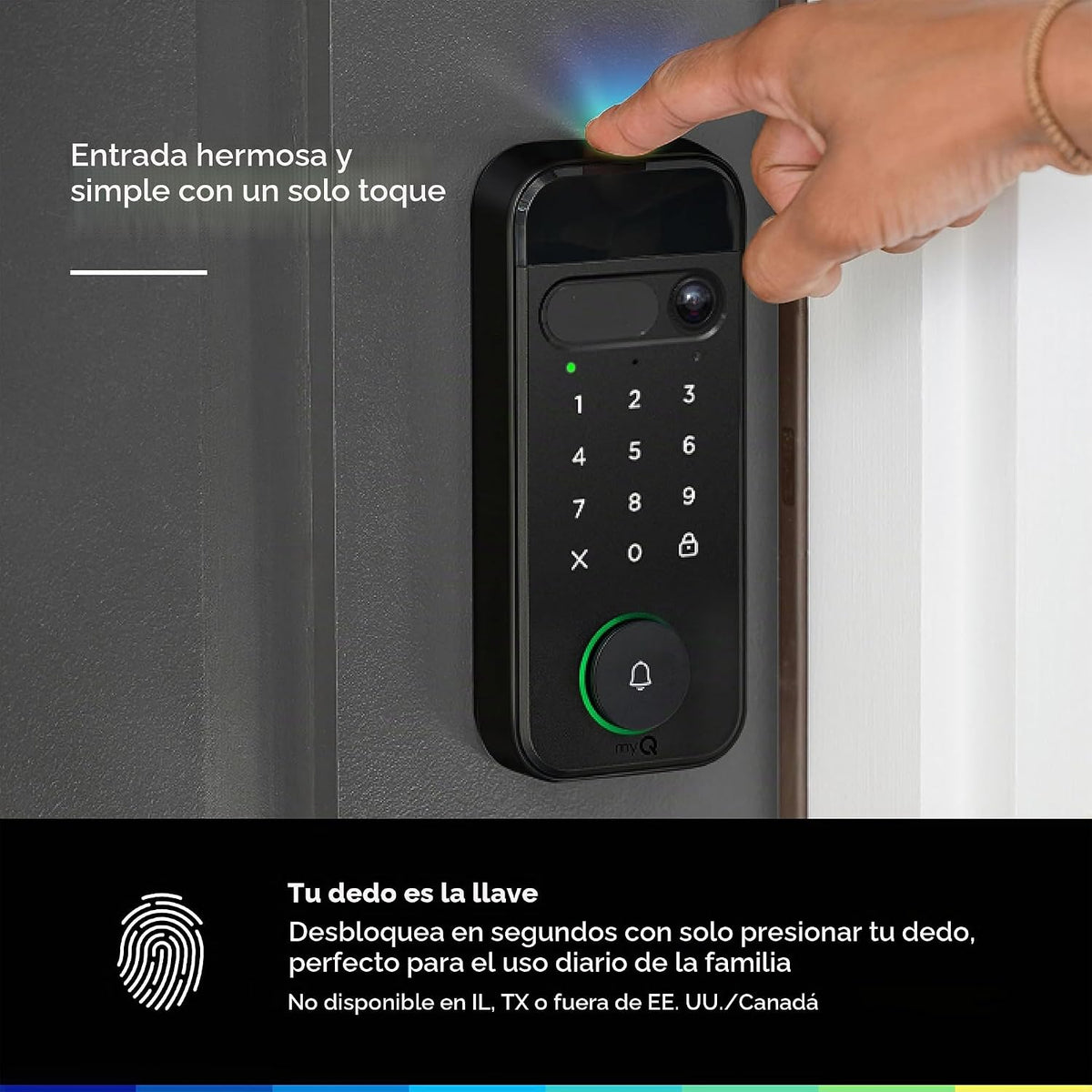 myQ Secure View™ Cerradura inteligente 3 en 1 con cámara de timbre de video HDR 2K, acceso facial, acceso de huellas dactilares, control PIN y aplicaciones: entrada inteligente con cámara incorporada