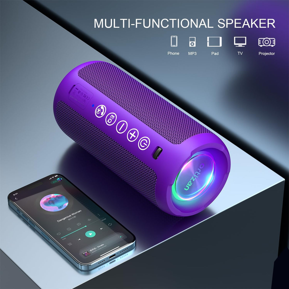 Ortizan Altavoz Bluetooth portátil: IPX7 impermeable, 24W sonido fuerte, Púrpura