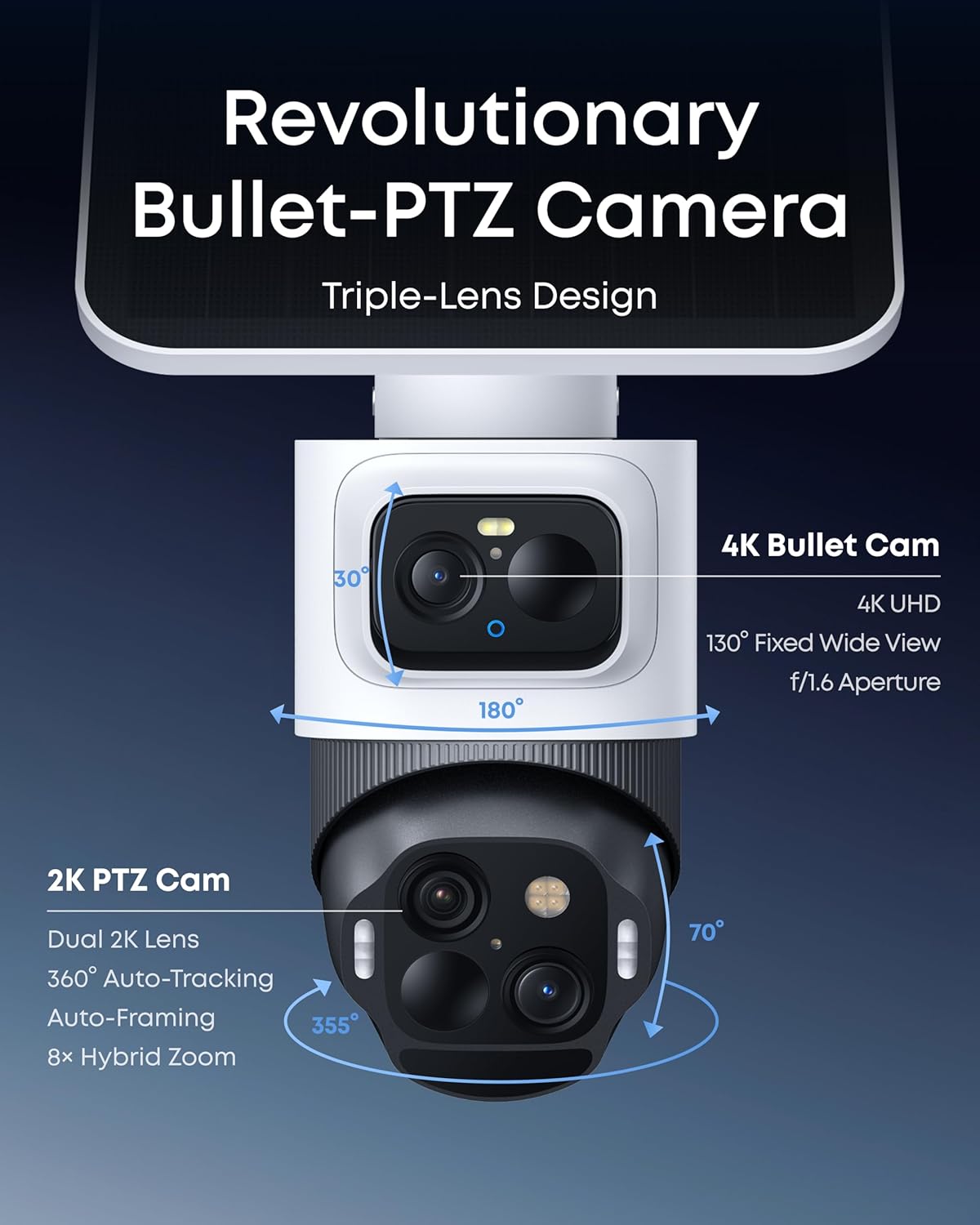 eufy Security eufyCam S4, cámara solar 4K, PTZ de 3 lentes, cobertura, Solo