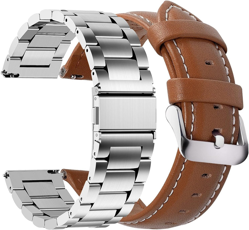 Fullmosa Correa de reloj de liberación rápida de acero inoxidable de 0.709 in y correa de reloj de cuero de 0.709 in marrón+hebilla plateada, Moderno