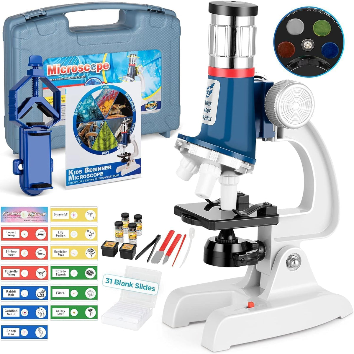 Kit de microscopio para niños de 58 piezas, aumento de 100X-1200X, cuerpo de metal, luz LED, caja de transporte, juguete de experimento científico para niños de 5 a 12 años