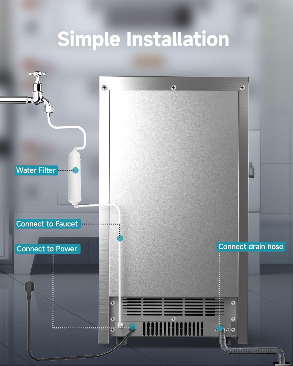 EUHOMY Máquina de hielo comercial, 120 libras/24 horas, máquina de hielo de acero inoxidable debajo del mostrador con filtro de agua, contenedor de almacenamiento de 33 libras, 45 cubos en 8-12