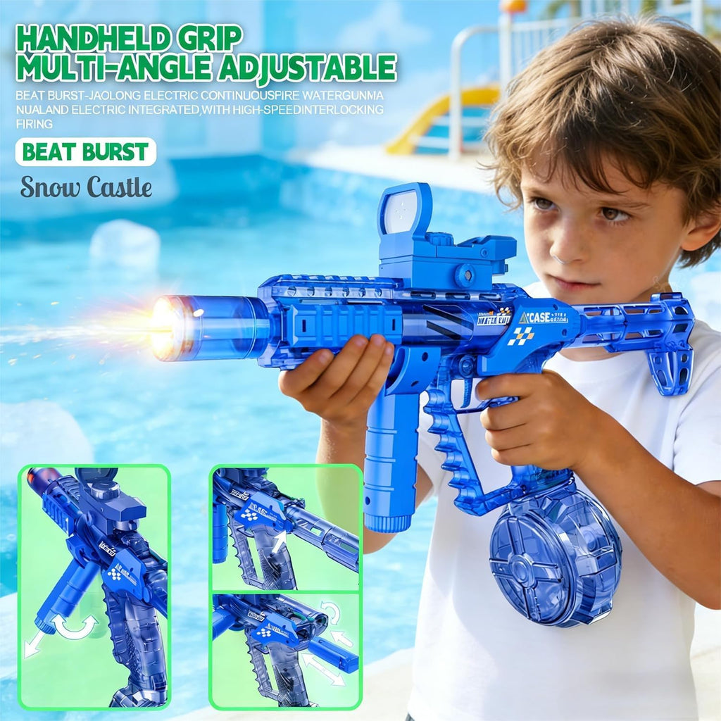 Pistola de agua eléctrica, cargador de 10.8 fl oz, flash de bozal y soplado, agarre de mano giratorio, mira de punto rojo, acción extensible, piscina al aire libre, playa y patio trasero, para niños y