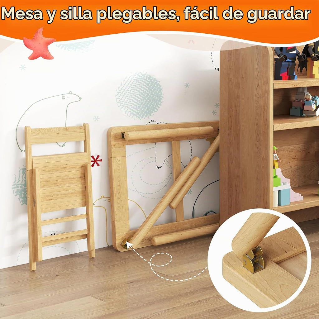 FUNLIO Mesa sensorial plegable de madera con 2 contenedores y 1 silla plegable para niños pequeños, mesa sensorial para niños con tapa de madera contrachapada antideformación, juego de arena y agua para interiores y exteriores, certificado CPC