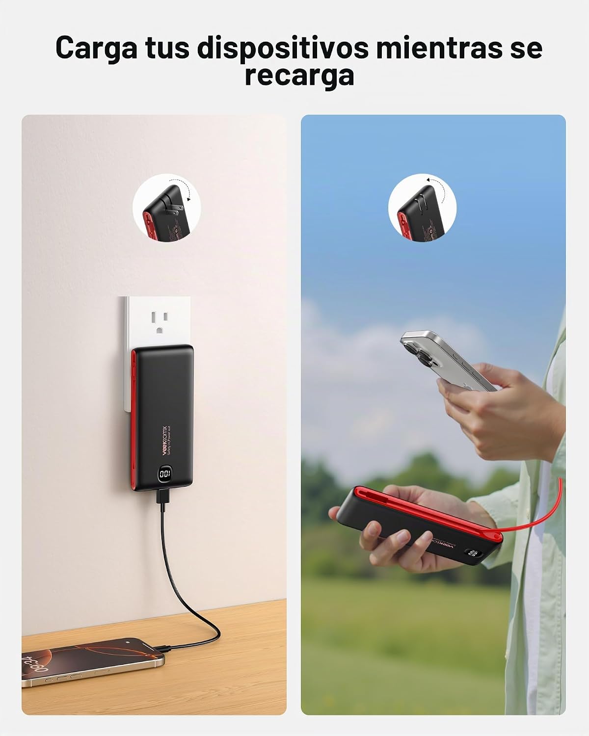 Cargador portátil de batería con cables integrados y enchufe de par...