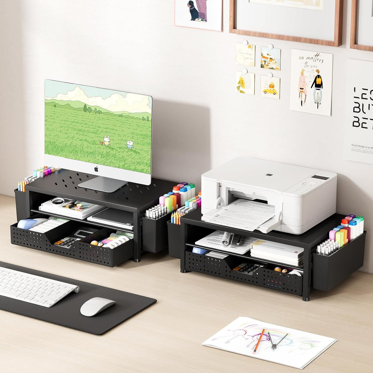 Lámpara Organizador de escritorio y accesorios, soporte elevador para monitor de computadora de 2 niveles con cajón y 2 soportes para bolígrafos, soporte para laptop, accesorios de escritorio de