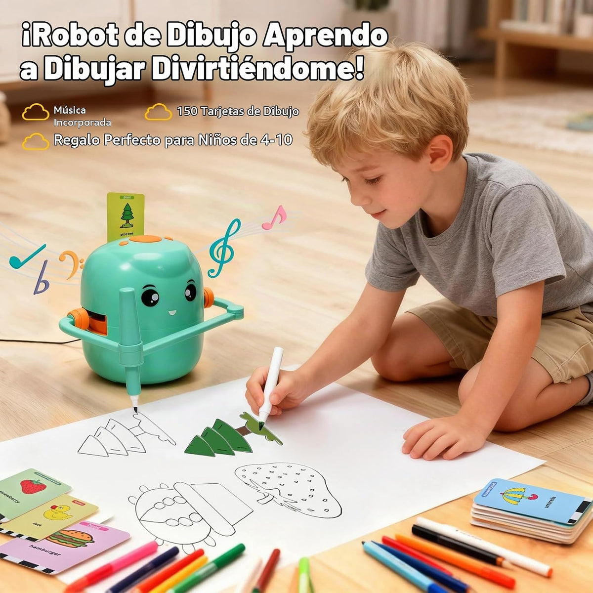 Robot de dibujo para niños, 150 tarjetas de juguete para edades de 3, 4, 5