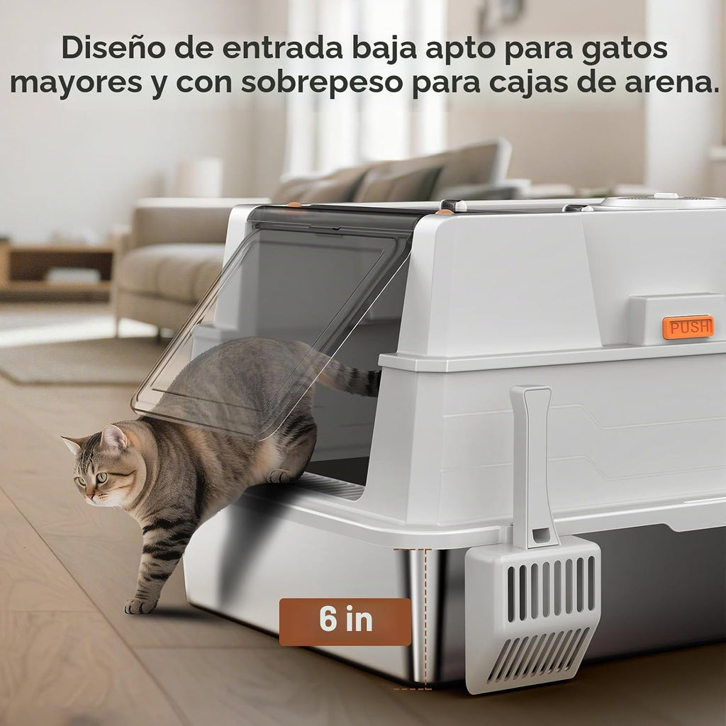 AIPERRO Caja de arena para gato de acero inoxidable cerrada extra grande con tapa - XXXL